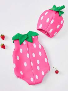 SHEIN 2pcs Newborn Cute Strawberry Outfit Set Includes Hat, Suitable For Performance, Photo Shooting, Amusement Park, Holiday Celebration - Pink - View 2
