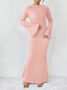 SHEIN Women's Summer Solid Color Slim Fit Long Sleeve Flared Dress Maxi Women Outfit Fall Cloth For Women - Baby Pink - View 6