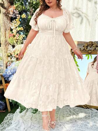 Lyrianda 大码复古浪漫优雅度假海滩度假露背多层 A 字裙，春夏