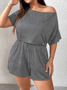 SHEIN Essnce Bộ đồ liền thân cỡ lớn cho nữ, Trang phục mùa hè, Quần short, Đồ hở vai dễ thương, Trang phục mùa hè cho phụ nữ Mùa hè, Trang phục lễ hội Rave, Trang phục mùa hè cho phụ nữ Trang phục đi nghỉ Bộ đồ liền thân thường ngày cho phụ nữ - Màu xám đen - Xem 6
