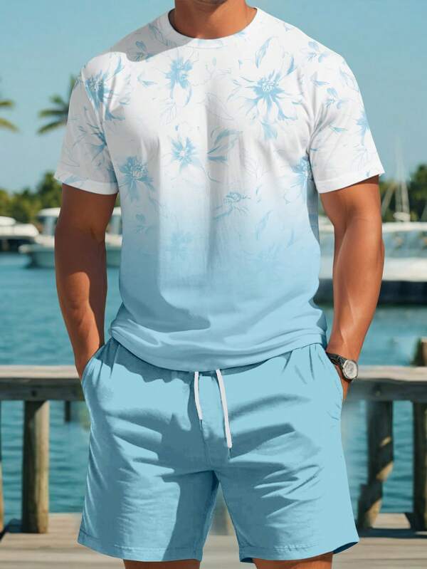 Manfinity RSRT Men Tropical Floral Print Round Neck Short Sleeve Casual T-Shirt And Drawstring Waist Shorts Set, Vacation Outfit Beach Outfit For Men Beach Outfits For Men Men Shirt Co Ords Beach Outfits For Man