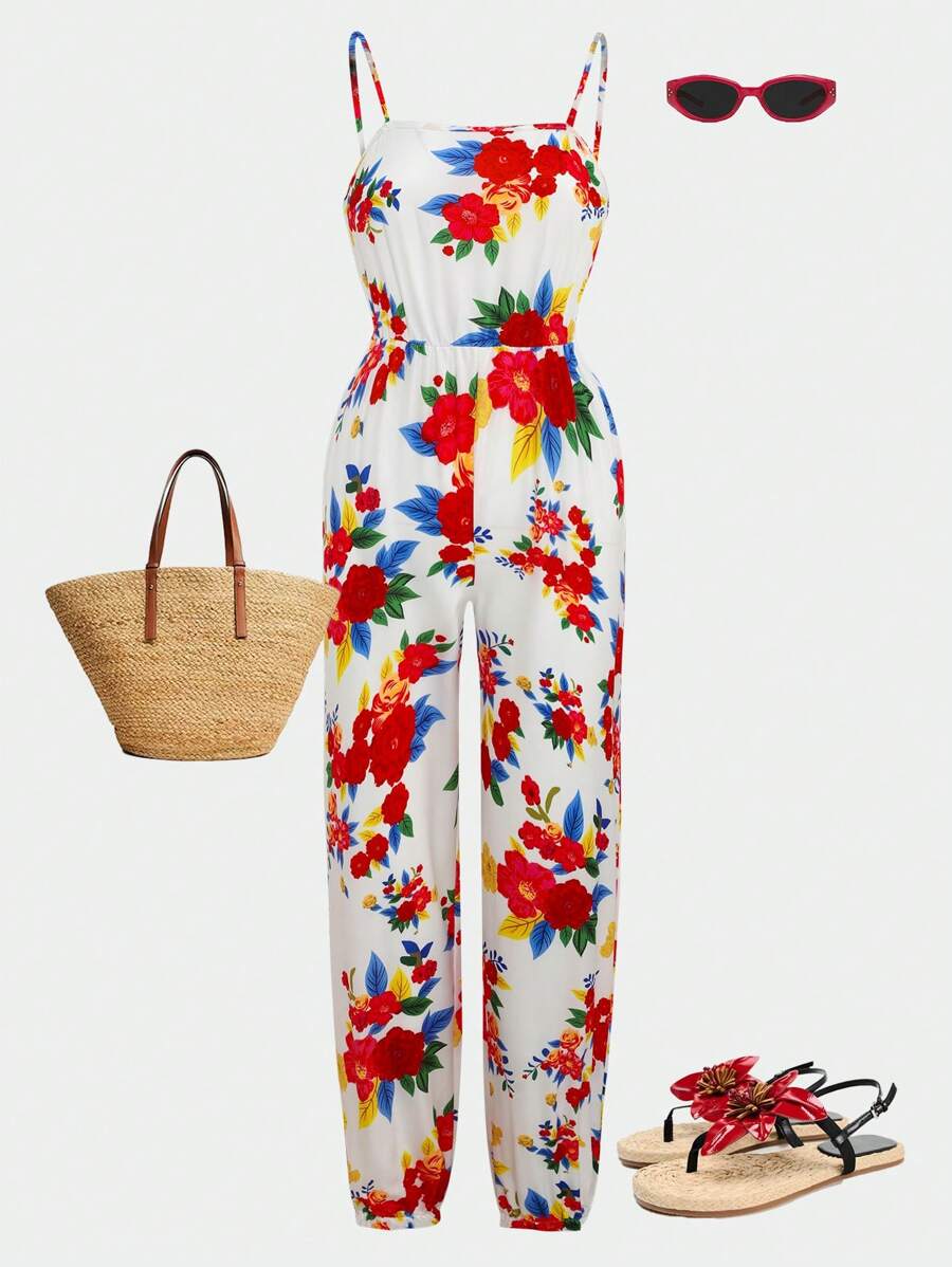 SHEIN Explorewe Vintage Print Strap Jumpsuit For Tween Girl, Flowy & Soft, Loose Fit, Suitable For Vacation, Summer - White - View 1