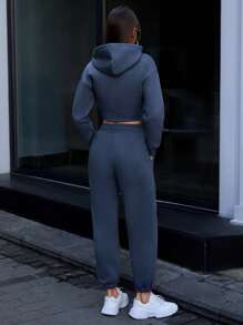 RueChic Drop Shoulder Drawstring Hoodie & Sweatpants - Dark Grey - View 2