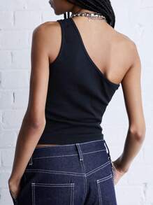 COUREZ Top ajustado de un solo hombro, estilo vintage Y2K de algodón - Negro - Ver 2