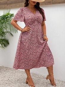 SHEIN Frenchy Quần áo giáo viên cỡ lớn, Váy ngắn tay mùa hè in họa tiết cổ chữ V Bridgerton - Đỏ - Xem 5