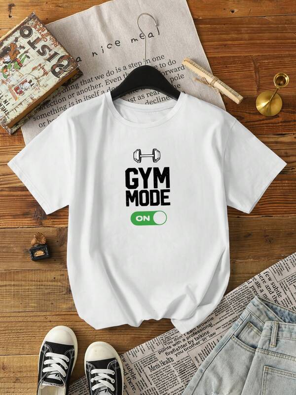 Glissea Camiseta de manga corta de cuello redondo con estampado de fitness casual para mujer, top cómodo para primavera/verano