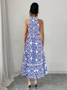 Breezaya Đầm dự tiệc cổ yếm in họa tiết phong cách Boho cho nữ - Nhiều màu - Xem 2