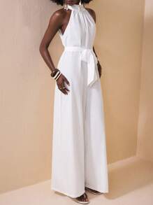 Zivah Grüner Jumpsuit mit weitem Bein, hohem Hals, Schlitz und Taschen -E, für den Urlaub