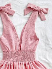 Soleia Women's Vacation Romantic Pink Bubble Wrinkled Fabric V-Neck Tie Shoulder Bow Cinched Waist 3-Layer Ruffle Hem Mini Dress, For Party, Date, Afternoon Tea - Pink - View 3