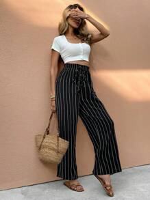 SHEIN Frenchy Women's Casual Vacation Striped Straight Leg Pants,Business Casual Woman Winter Chic Spring Holiday Resort - Black and White - View 6