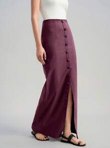 Ontre Women's Four-Season Fig Color Simple Skirt, Elegant Casual Commuter Skirt, Front Button Super Slit Long Skirt