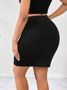 SHEIN Lady Women's Fashionable Commuter Rhinestone Mesh Patchwork Fitted Skirt - Black - View 2