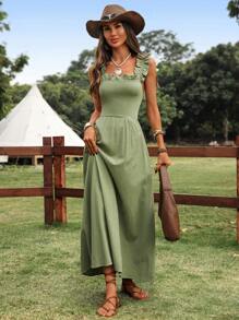 SHEIN LUNE Sage Green Summer Modest Picnic Holiday Women Cotton Frill Trim & Bow Back Tie Cinched Waist Ruched A-Line Midi Dress,Rave Festival Concert Outfit - Apricot - View 6