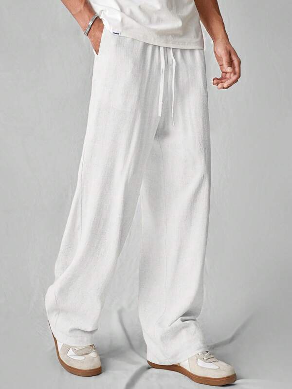 SWAVVY Pantalones rectos de ajuste casual para hombres, de unicolor tejido, con textura similar al lino, de estilo cotidiano, para la escuela, otoño