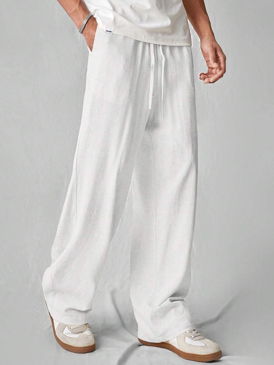 SWAVVY Men's Casual Woven Solid Color Straight Fit Pants, Linen-Like Texture, Everyday Style, School, Fall,Linen