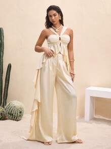 BY FELIZIA Apricot Solid Satin Pleated Draped Ruffle Tie Backless Cropped Top