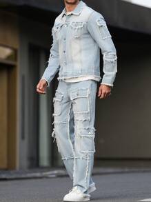 Manfinity LEGND Men's Long Sleeve Frayed Edge Single Breasted Denim Jacket And Cargo Denim Pants Set - Light Wash - View 3