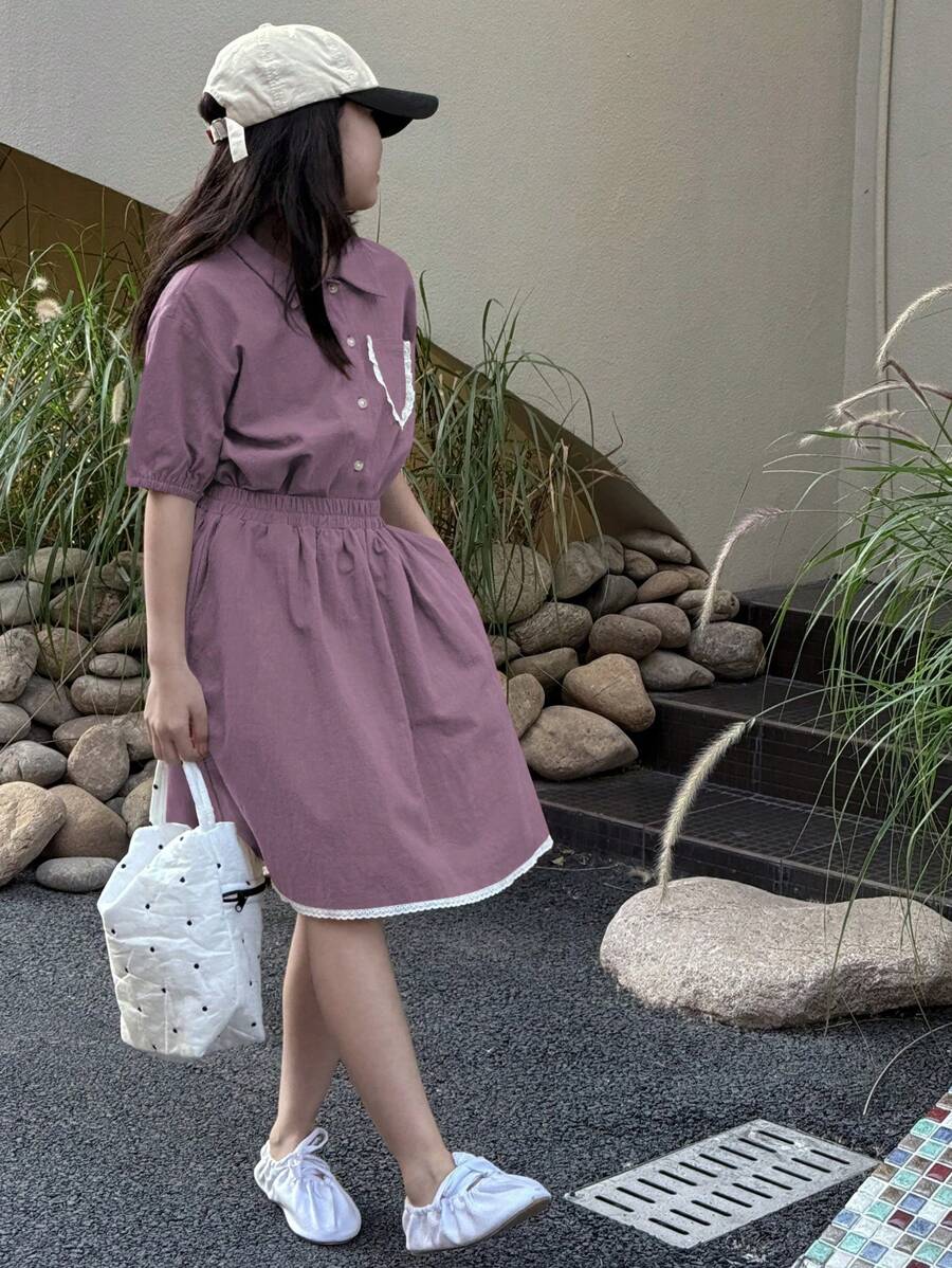 Tween Girl Solid Color Short Sleeve Shirt & Shorts 2 Pieces Set, Minimalist And Practical,Girls Summer Outfits,Back To School Clothes - Purple - View 1