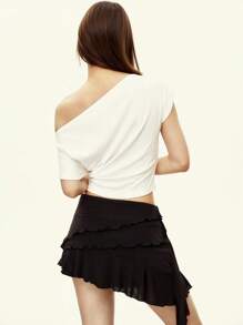 Rina Fox 女士休闲不对称领口短袖系带时尚 T 恤，适合夏季