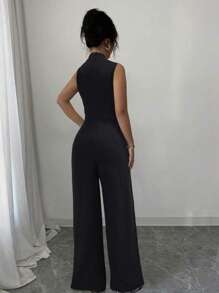 RosyDaze Casual Solid Color Sleeveless Stand Collar Pleated Jumpsuit - Black - View 2