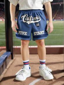 Young Boy Cool Letter Embroidered Shorts, Summer Kids Clothes Boys Shortskids Shorts For Boysshorts For Kids Boygetaway,Holiday,Travel,Relax,Sunbathing,Summer - Blue - View 3