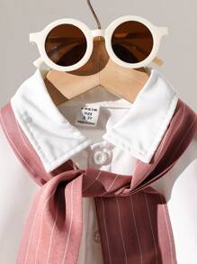 SHEIN 男婴条纹短袖衬衫和短裤休闲套装 - 紅木色 - 查看 3