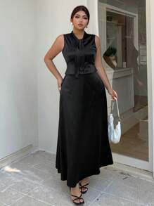 Dazy Plus Set de 2 piezas Falda sin mangas con cordones de unicolor, elegante para oficina y uso diario, primavera/verano, negro