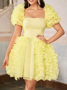 Lovelzi 夏季优雅浪漫华丽浅黄色欧根纱纹理设计泡泡袖方领泡泡裙，适合晚餐单身派对约会生日假期返校季毕业季音乐节、婚礼活动舞会礼服、婚礼宾客礼服 - 黃色 - 查看 7