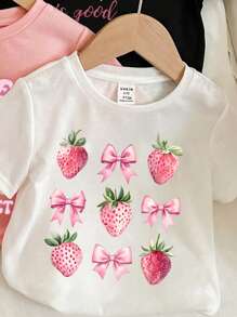 Baby Girl Casual Cute Strawberry, Bow, And Cherry Print Short Sleeve Top, Summer T-Shirt - Multicolor - View 5