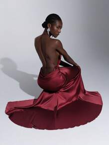 Elitara 优雅的勃艮第缎面挂脖鱼尾侧高开衩露背交叉系带深 V 领长裙，适合正式场合、派对、度假、礼服、晚会、婚礼宾客