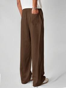 SWAVVY Celana Panjang Pria Kasual Tenun Bahan Linen Warna Polos Model Lurus, Cocok untuk Pakaian Sehari-hari, Sekolah, Musim Gugur - Coklat - View 2