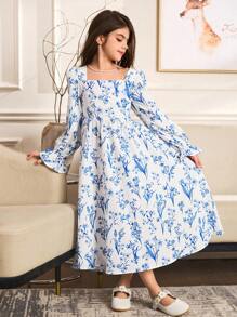 SHEIN Tween Girl Floral Printed Pattern Long Sleeve Dress - Blue - View 6