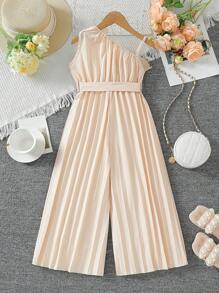 Elladie kids 女童纯色层叠荷叶边不对称领无袖连体裤 - 杏色 - 查看 2