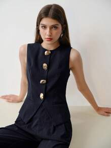 MOTF STUDIO STRIPED PRINT BUTTON UP WAISTCOAT - Navy Blue - View 4