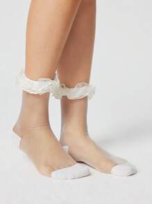 ROMWE Kawaii 1 双女士双层甜美清凉透明水晶薄纱褶边网眼袜，适合所有季节 - 白色 - 查看 3