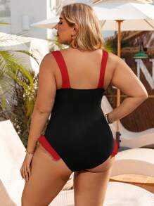 Swim Vcay Plus Size Color Block Ruffle Trim One-Piece Swimsuit, Beachwear For Summer Beach Vacation - Red - View 2