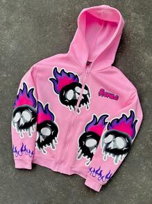 PAVTROS Streetwear para hombres Manfinity Streetrush, con una sudadera con capucha y cremallera en color rosa neón de alta calle con estampado de calavera. Esta sudadera utiliza una técnica de estampado en relieve tridimensional y muestra patrones de rock hip-hop. Es perfecta para combinar con baloncesto callejero.