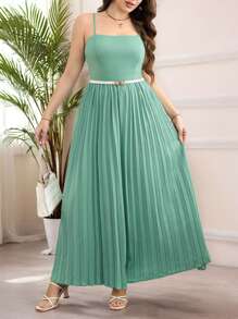 SHEIN Clasi Plus Size Women's Green Solid Color Sleeveless Suspender Waist Pleated Loose Fashion Wide Leg Jumpsuit Pants,Summer Outfits For Women - Green - View 4
