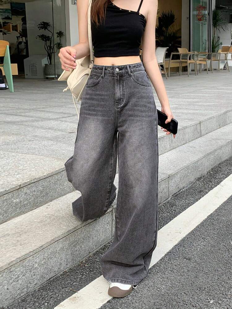 Casual Distressed Wide Leg Loose Denim Jeans Low Rise Jeans
