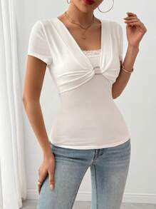 Chiquease 女士纯色时尚休闲方领系带连衣裙，春夏 - 白色 - 查看 6