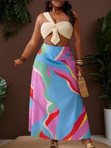 Slaydiva 2pcs Plus Size A-Line Floor-Length Skirt Set, Digital Floral Print, Vacation Outfit - Multicolor - View 1