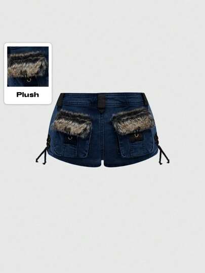 Grunge Punk Shorts in stile Y2K in denim a vita ultra bassa, con patchwork in pelliccia, incrociati e allacciati