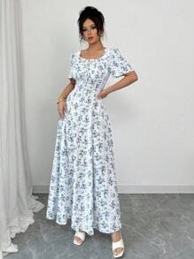 Elenzga Spring/Summer Elegant Vacation Casual Puff Sleeve Square Neck Waisted Slim Long Dress For Women