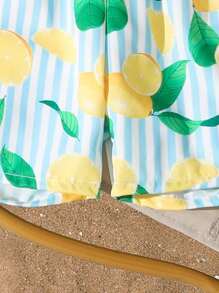 SHEIN Tween Boy Summer Tropical Fruit Print Elastic Waist Drawstring  Beach Shorts, Stylish Casual Striped Swim Trunks Summer Holiday - Multicolor - View 5