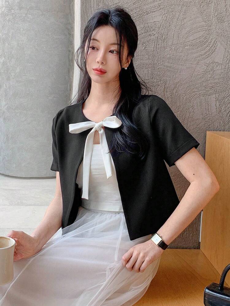 Women's Colorblock Bow Decor Round Neck Short Sleeve Jacket, Cute & Casual For Summer