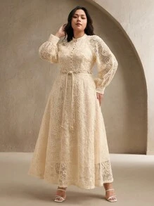 Anewsta White Slim-Fit Lace Short Sleeve Long Holiday Casual Dress Spring,Elegant,Festival,Holiday,Vacation - Apricot - View 3