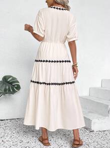 Breezaya Apricot V-Neck Short Sleeve Ruffle Trim Casual Dress For Women - Apricot - View 2