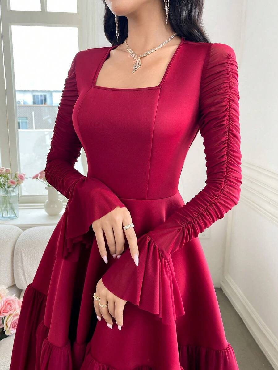 Modelyn Women's Mid-Length Solid Color Long Sleeve Square Neck Dress, Simple And Fashionable, Suitable For Summer - Red - View 1