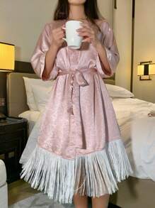 DAZY Women's Loose Fit Textured Satin Short Sleeve Robe With Fringe Hem Pajama - Pink - View 1