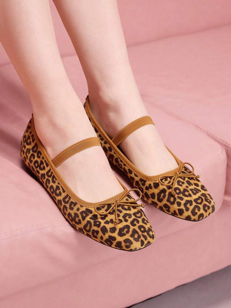 CUCCOO DOLLMOD Women Summer Bow-Knot Leopard Print Square Toe Soft Elegant Sweet School Style Yellow Leopard Pattern Flat Ballerina Flats, Commuting, Office, School, Mary Jane Shoes